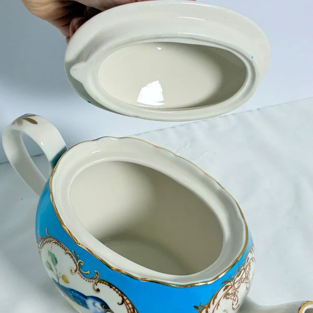 Grace Teaware Teapot Turquoise Gold Bird Filigree Scalloped Grandmillennial